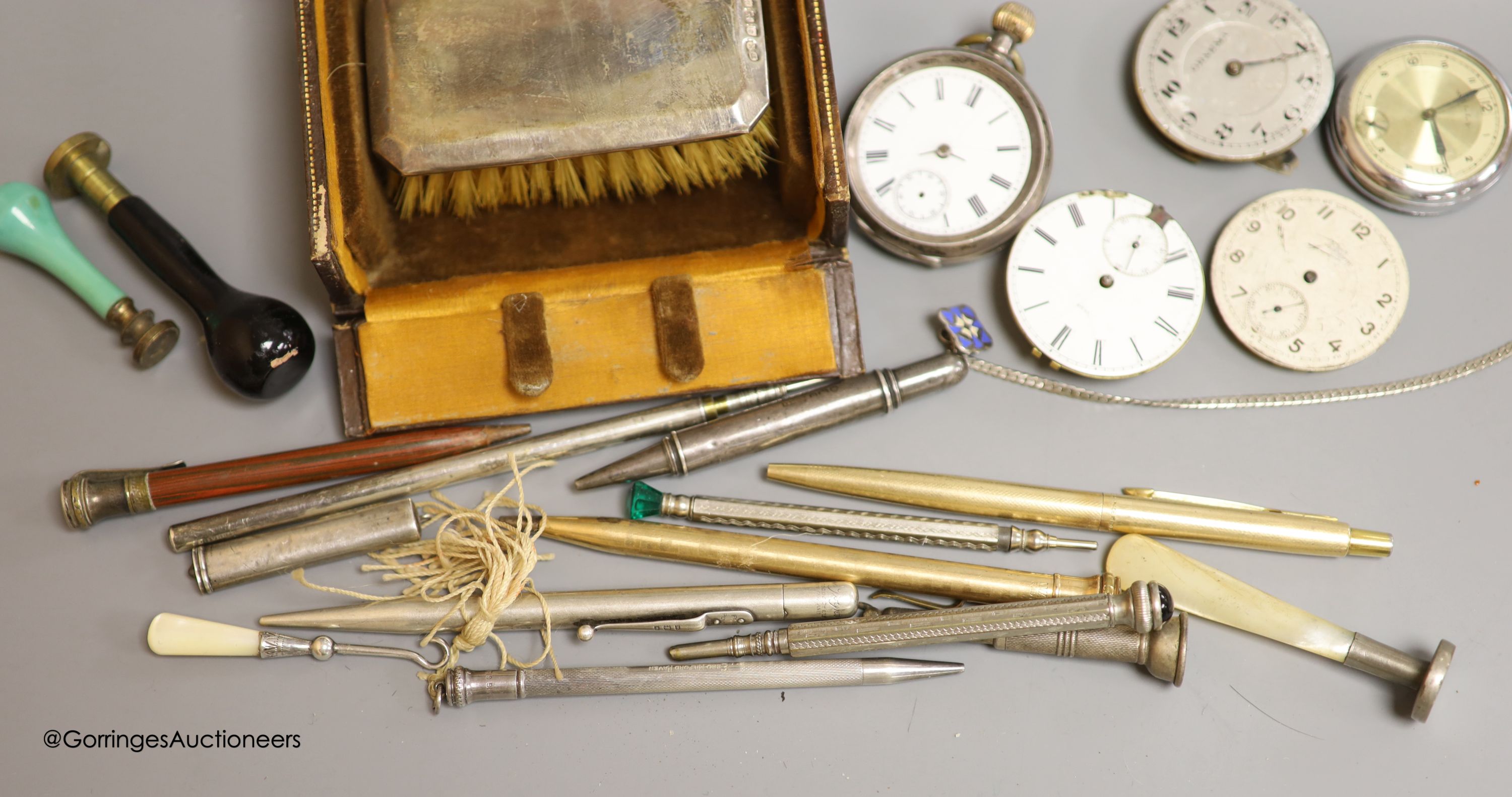 Mixed items including pocket watches, movements, pencils including silver, seals etc.